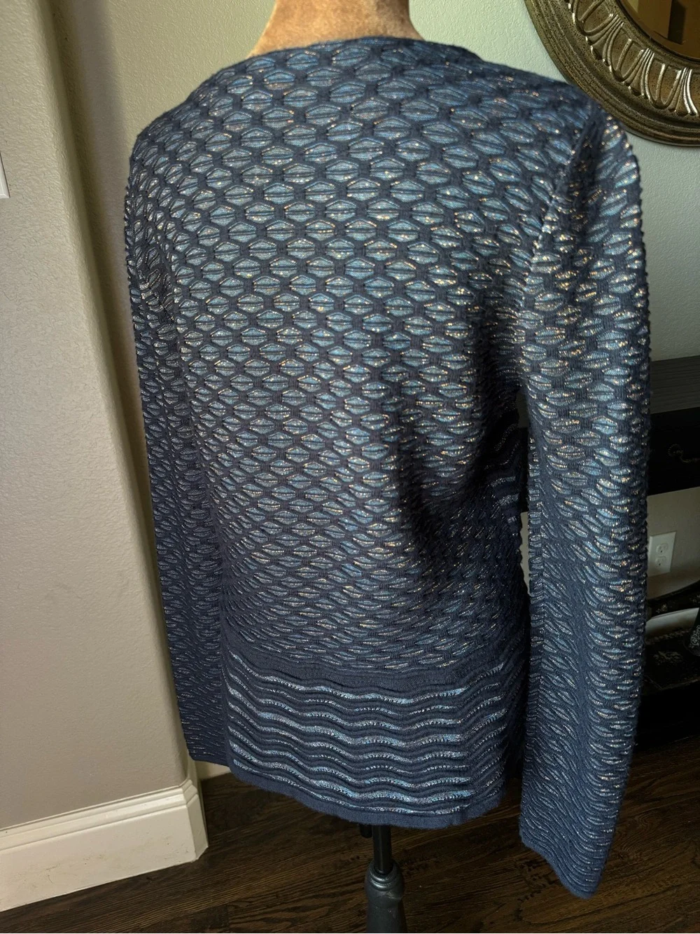 Tory Burch Lurex Blue Metallic Wave Scallop Knit Sweater Large Merino Wool L